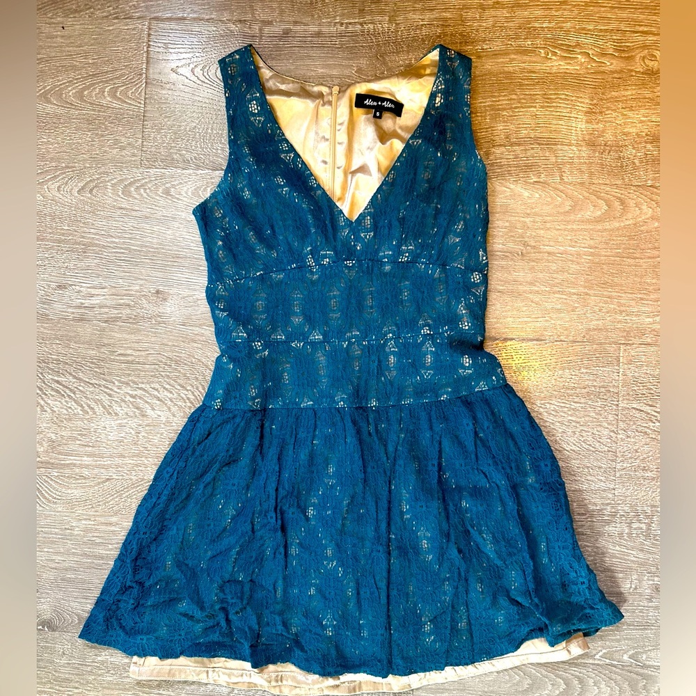 Teal lace mini dress, A-line with fitted bodice